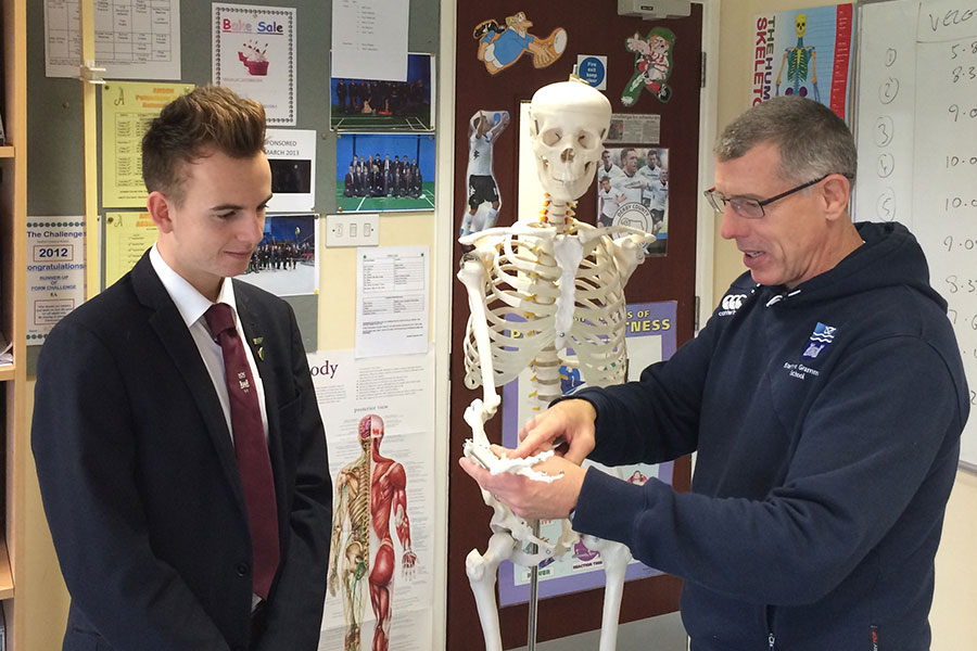 Sport Studies student examining a skeleton